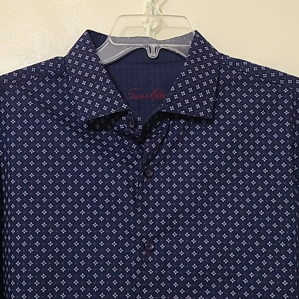 Tasso Elba Men's Navy‎ Blue Patterned Long Sleeve Button Up Shirt - Size XL